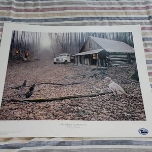 Rustic Cabin Art Print with Dog and Truck, Opening Morning By Trevor Tennant